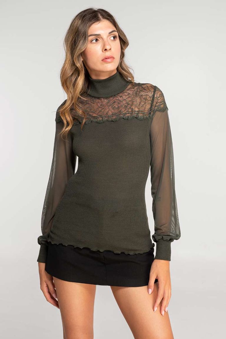 Maglia bosco lupetto con pizzo e maniche in tulle Oscalito
