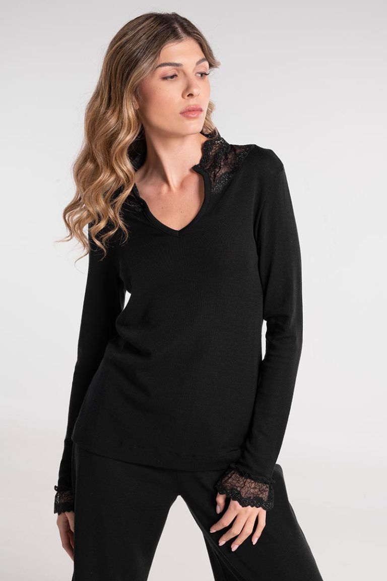 Maglia lana seta rasata con tulle ricamato Oscalito