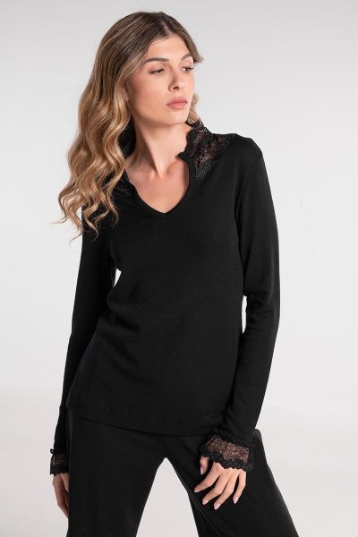 Maglia lana seta rasata con tulle ricamato