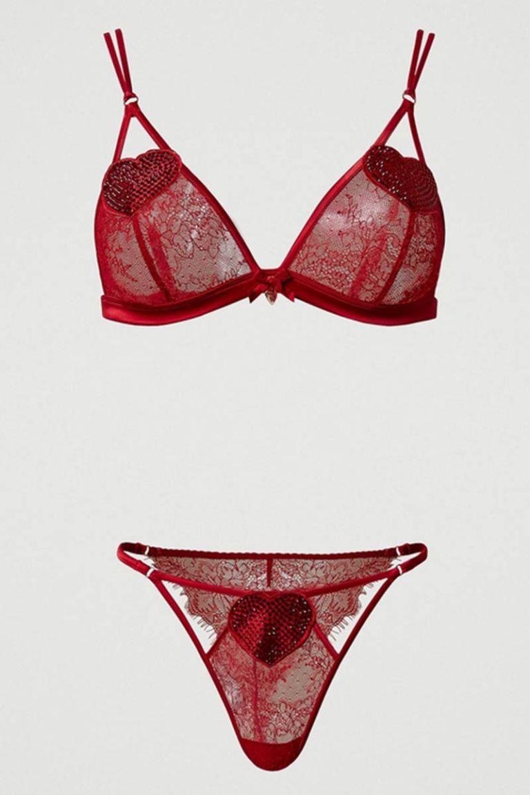 Completino triangolo pizzo con cuori e strass