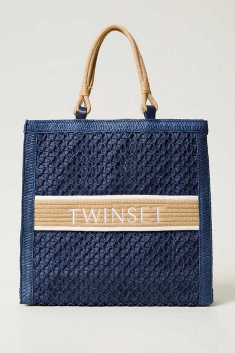 Borsa shopper in paglia intrecciata blu Twinset
