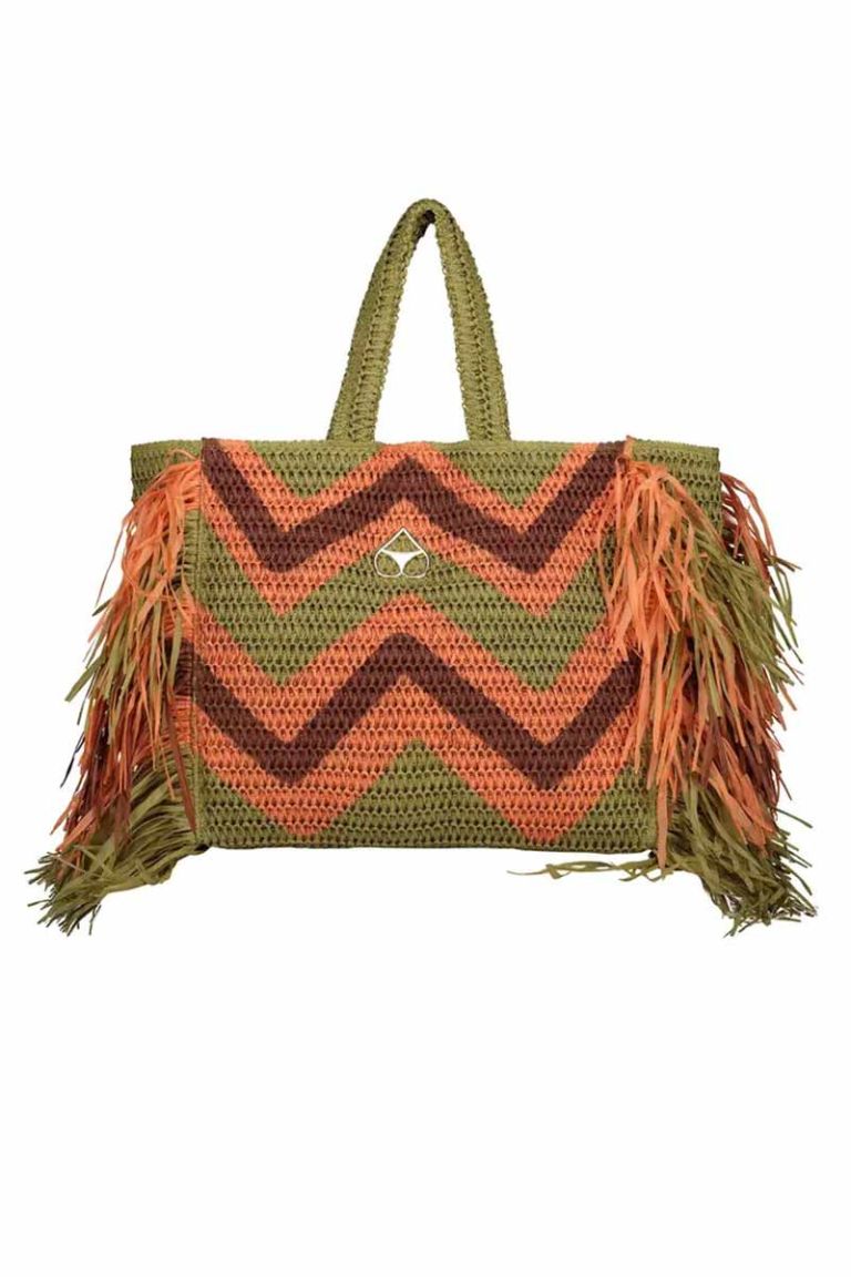 Borsa in eco-rafia mix verde con frange Miss Bikini Luxe