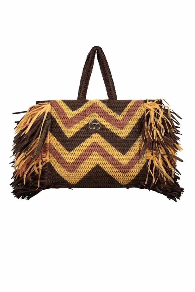 Borsa in eco-rafia mix nero/naturale con frange Miss Bikini Luxe