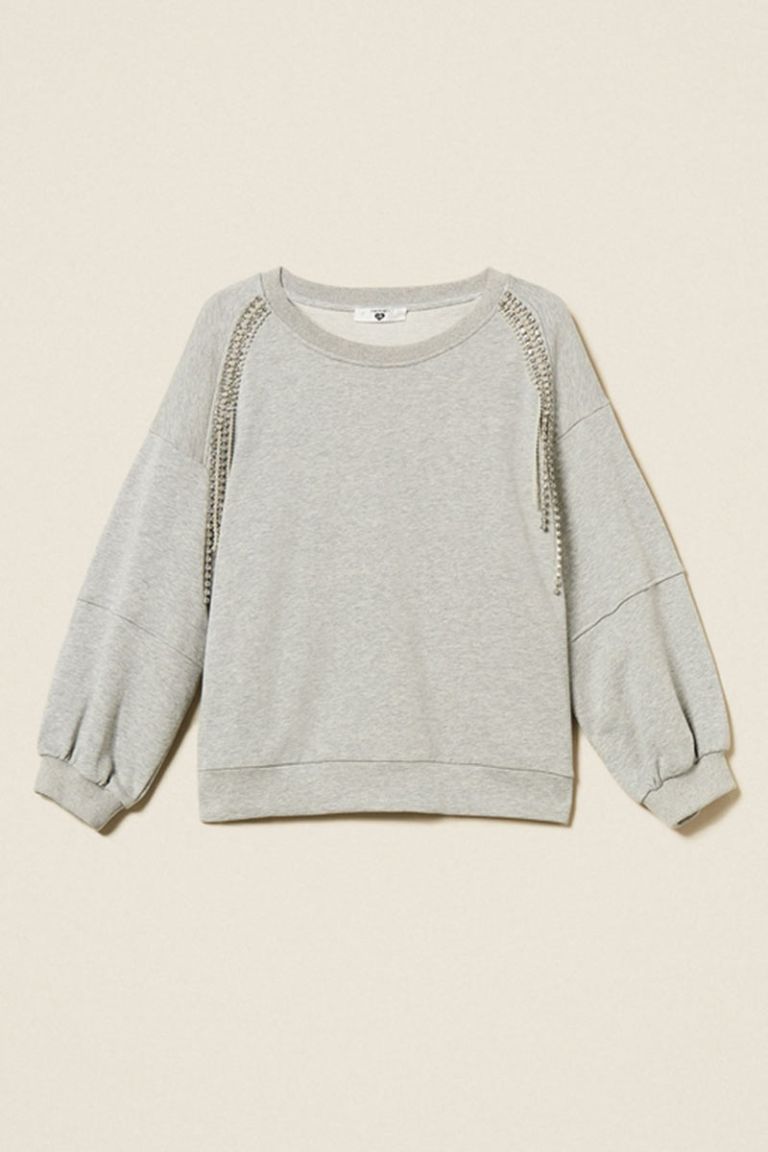 Felpa con catene di strass e perle