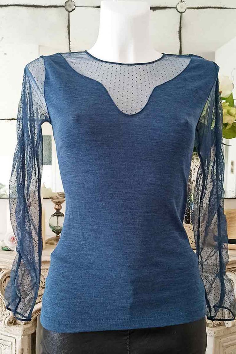 Maglia manica lunga costine in lana e seta con pizzo su tulle plumetis Oscalito