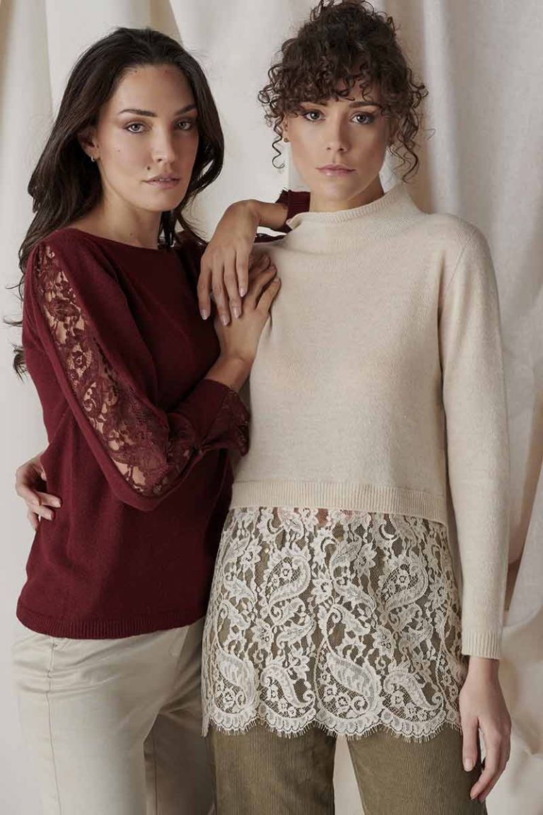 Lupetto lana, seta e cashmere con pizzo Oscalito