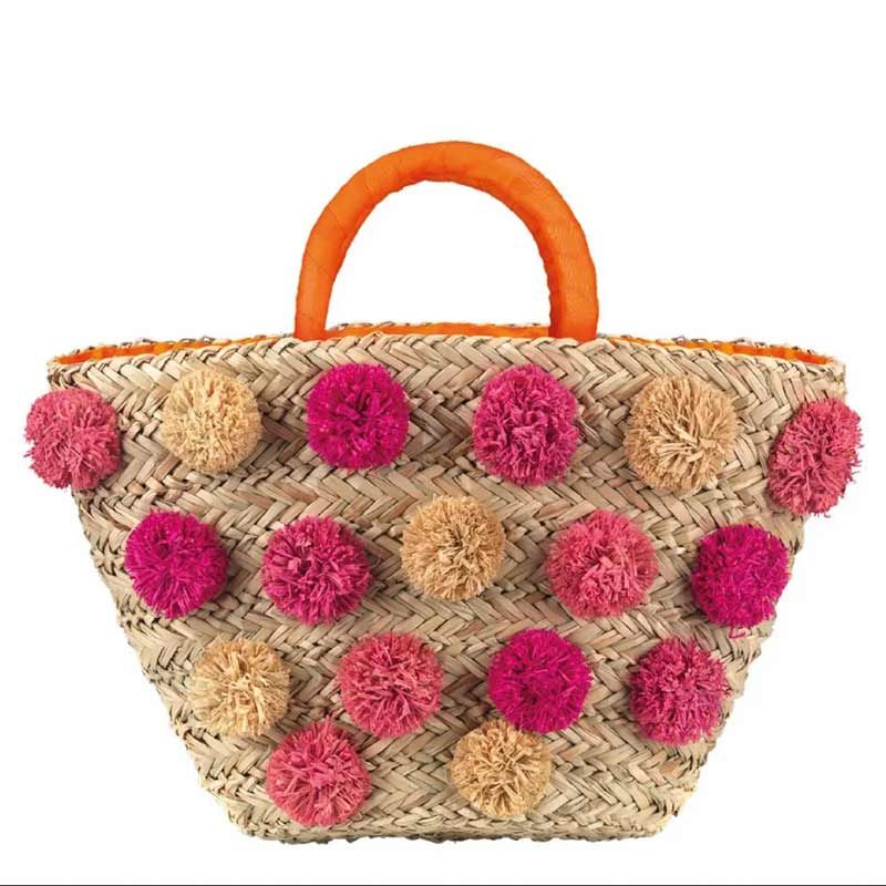 Borsa paglia Pom Pon fuxia