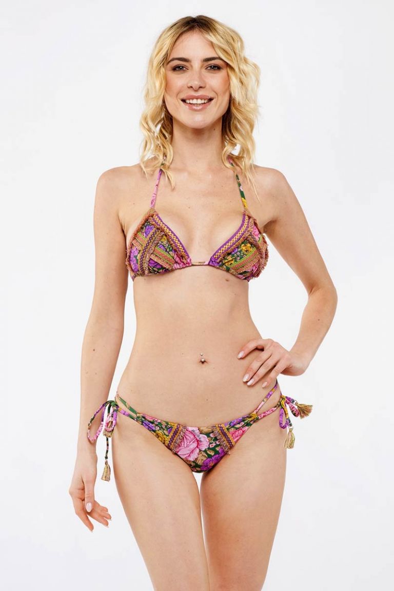 Bikini triangolo rose con frange e ricami viola Miss Bikini